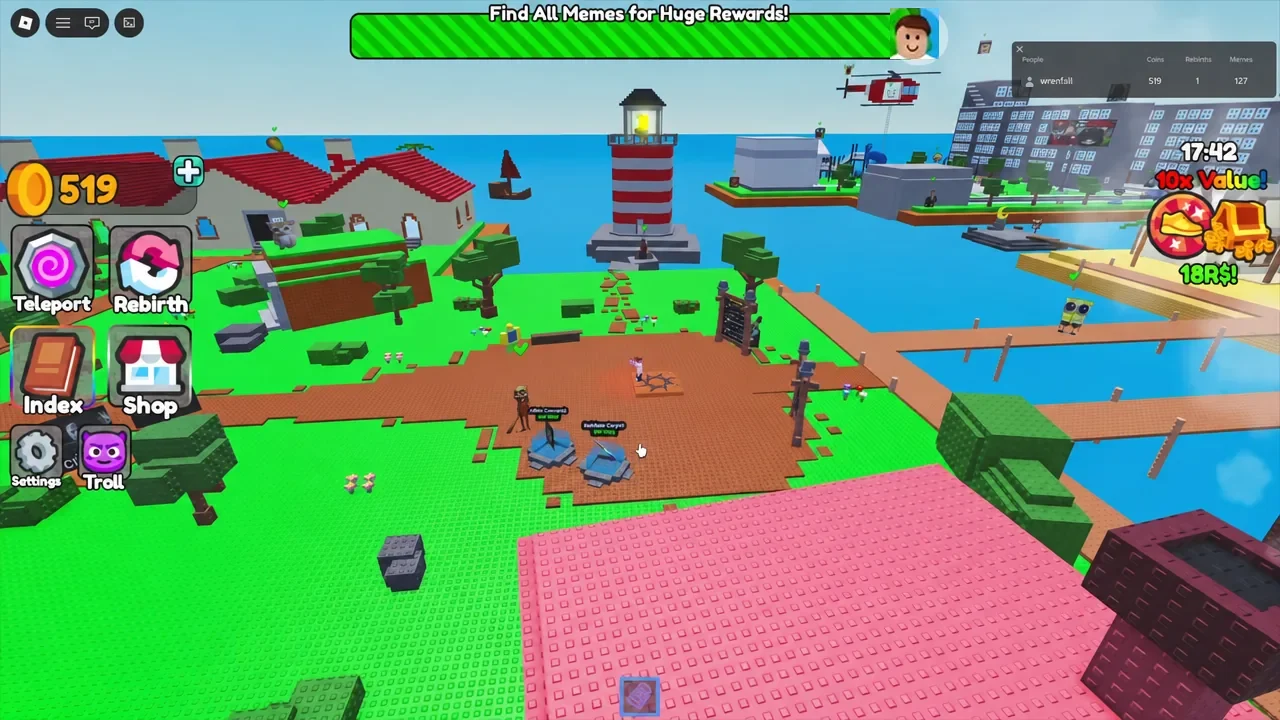 Player exploring the island in Collect A Meme with the Find All Memes banner on screen