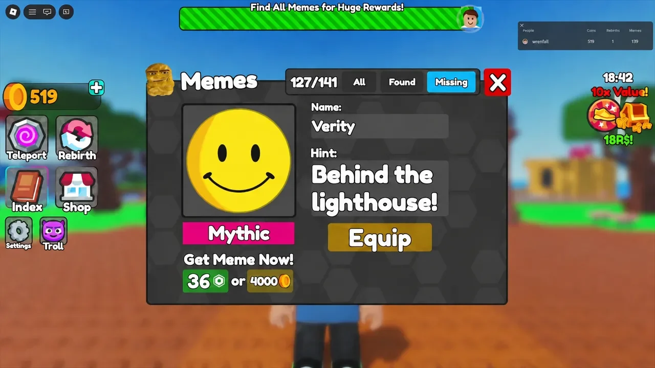 Memes menu with the Missing tab open on the Verity entry and its lighthouse hint