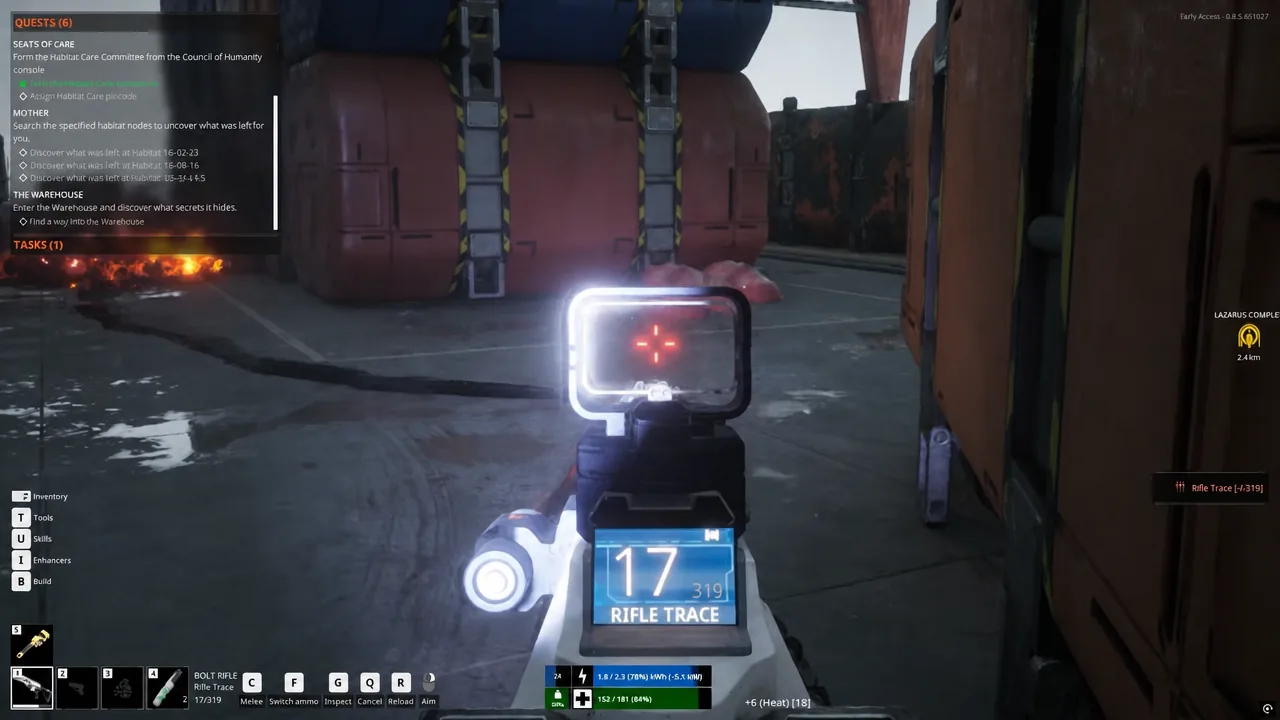 First-person view aiming a Bolt Rifle down sights at a point of interest