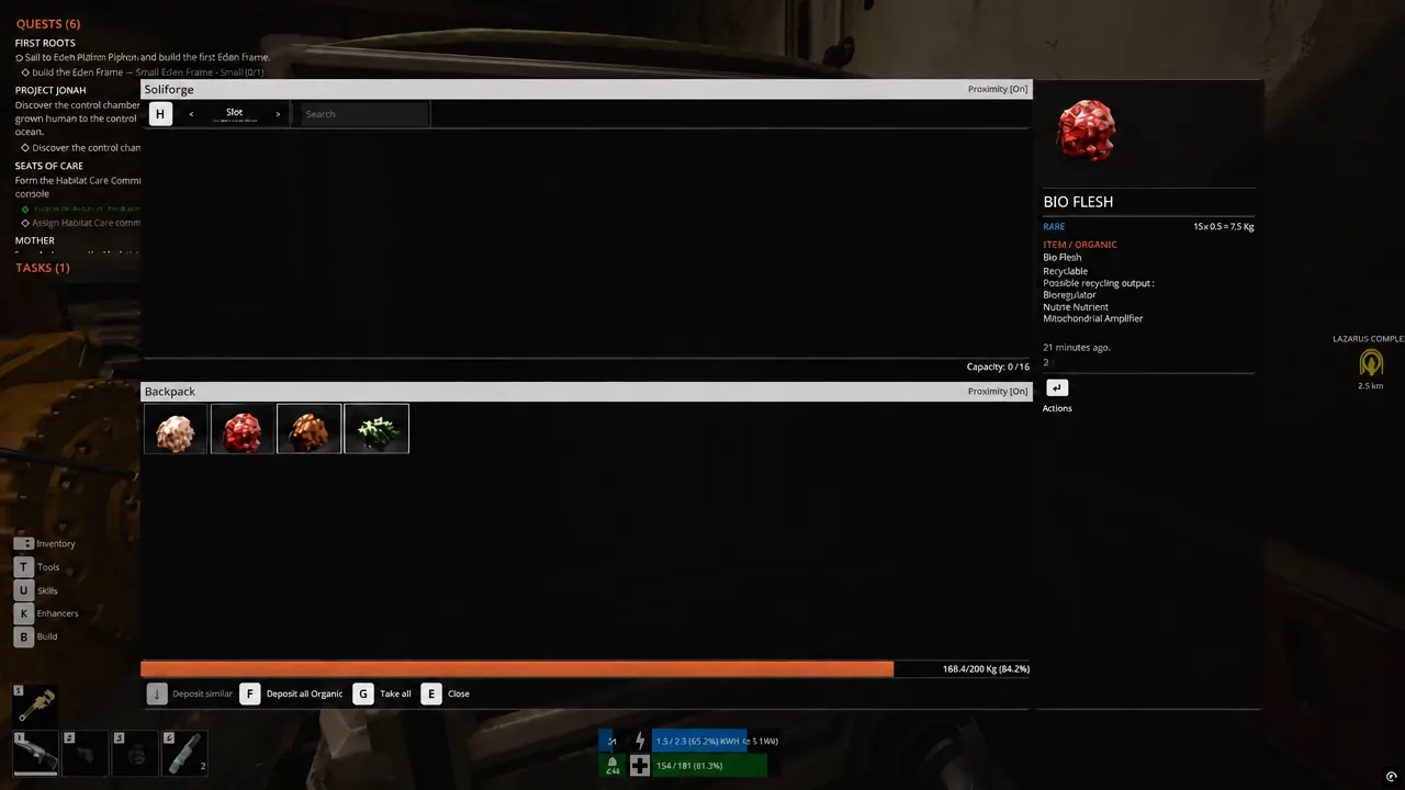 Backpack menu with Bio Flesh highlighted and its item description open