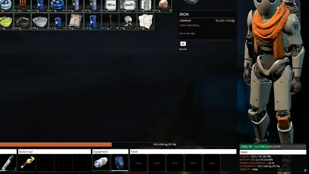 Inventory panel with a material selected and its details shown on the right