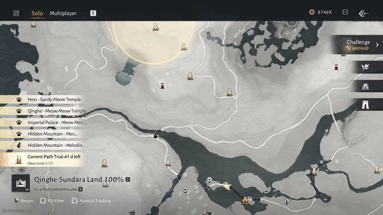 World map with the Qinghe Sundara Land region panel open at 100% exploration progress