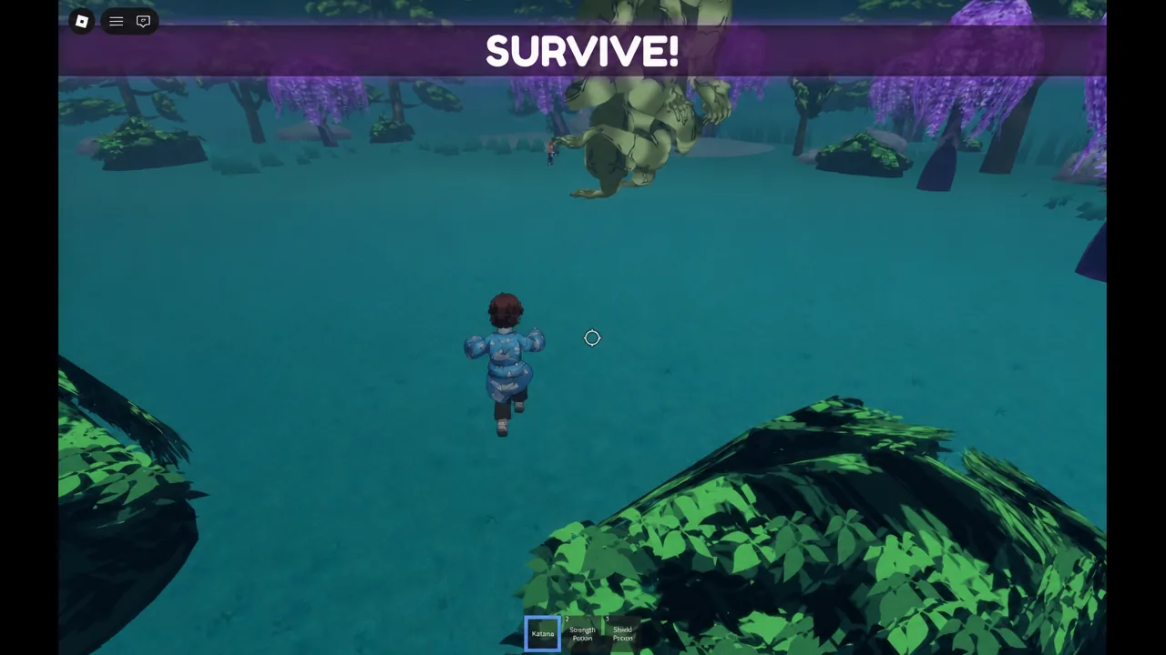 The SURVIVE prompt on screen as the player runs away from the Hand Demon boss