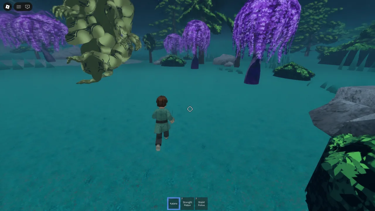 The Katana slot highlighted in the bottom hotbar while moving through the forest arena