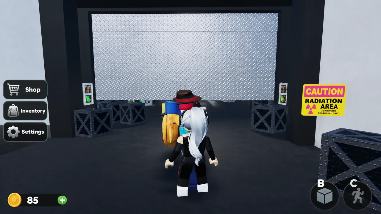 Character standing in a radiation area with Shop, Inventory, and Settings buttons on screen
