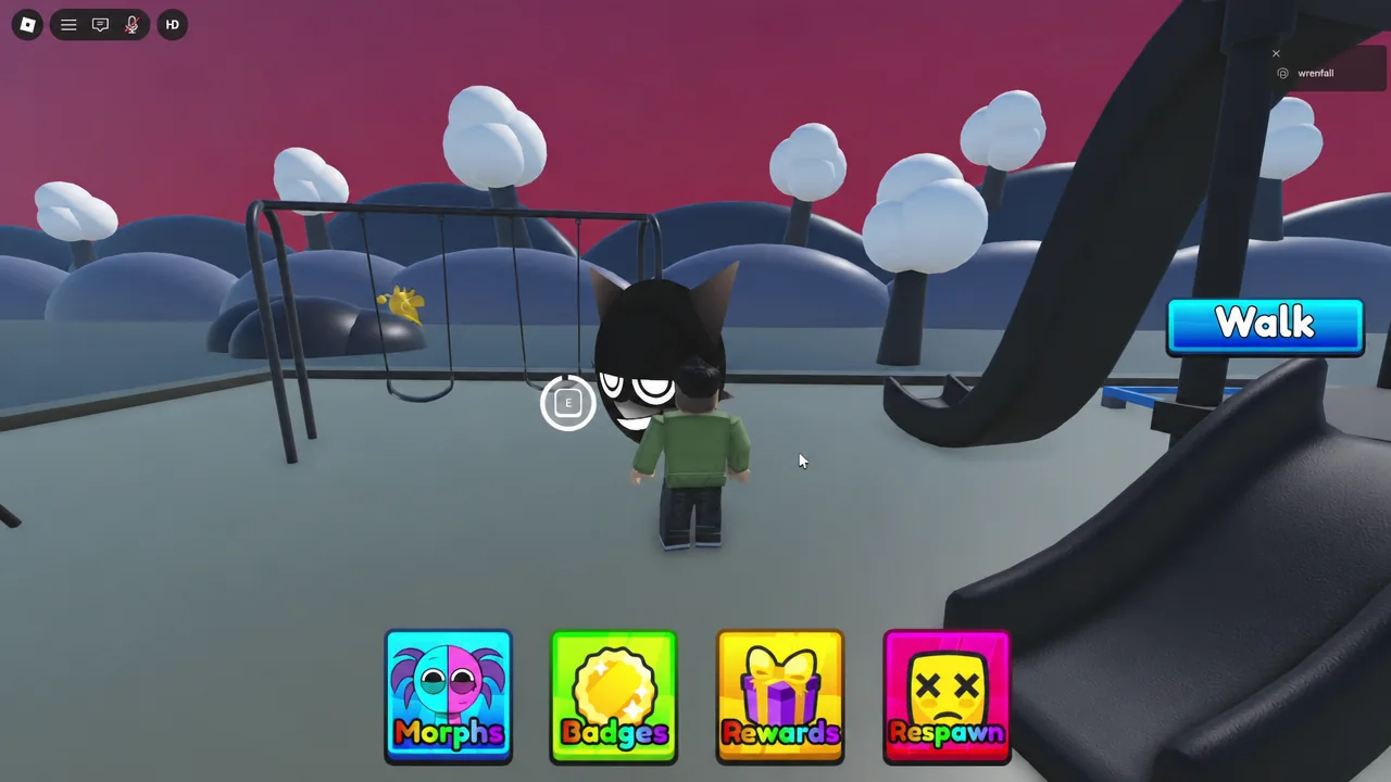 Black cat-like Wenda head resting on the ground beside the swing set in the Horror world