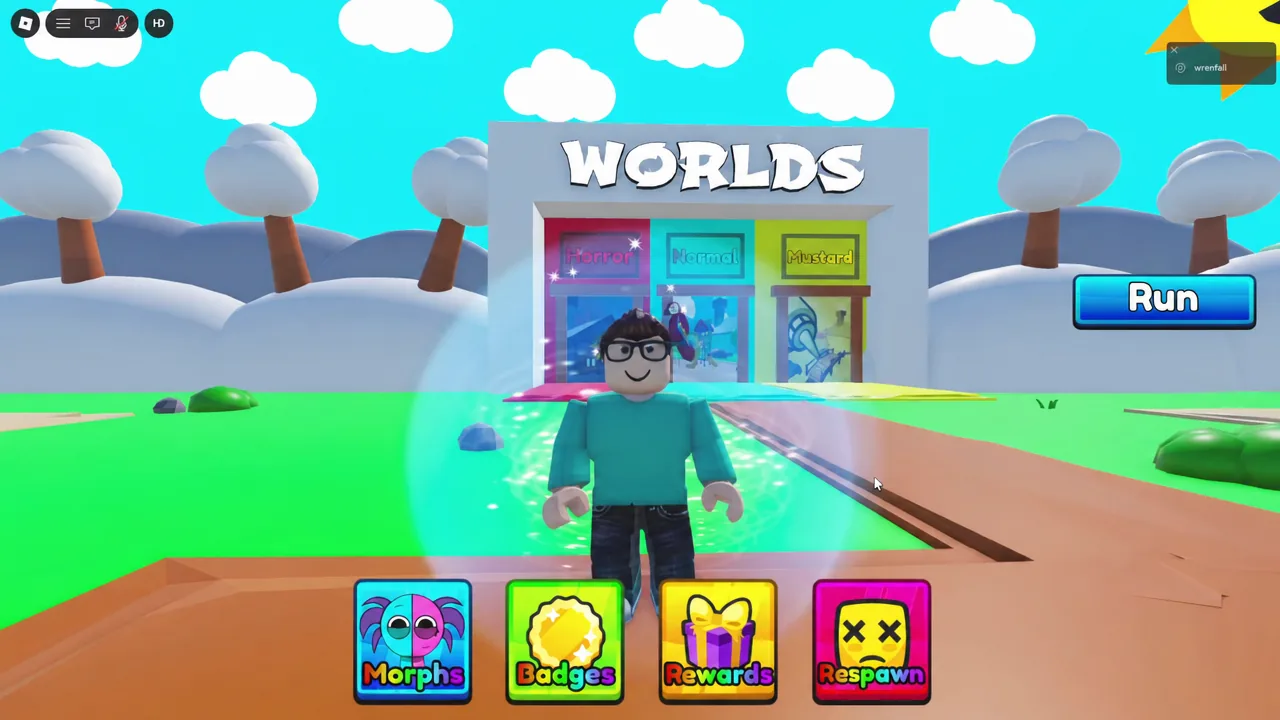 The WORLDS menu in 3D Sprunki RP with the Run button ready to load the chosen world