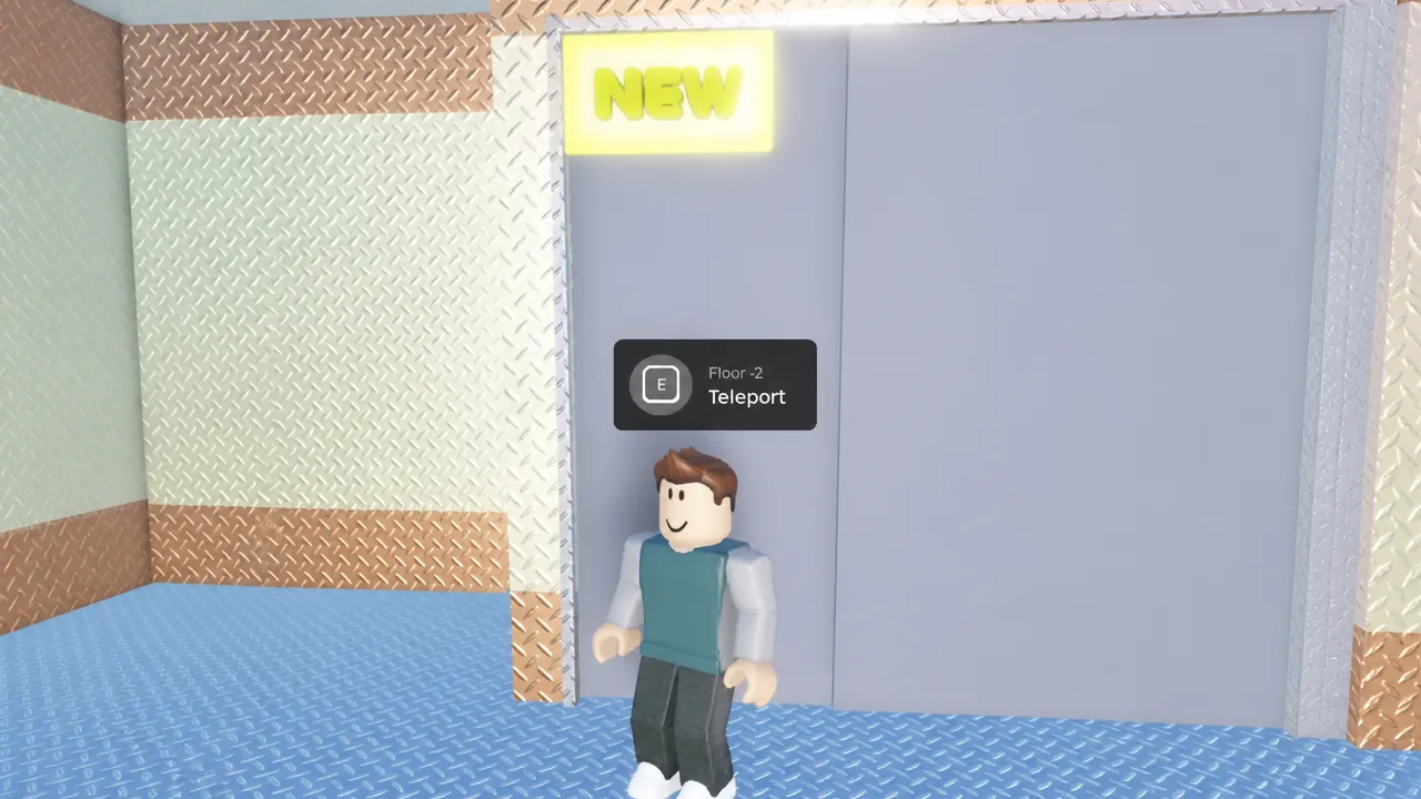 Elevator interaction prompt reading Floor -2 Teleport with the E button shown