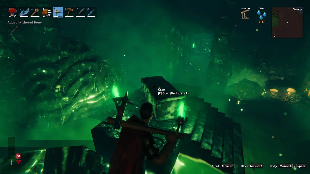 Chest prompt in Valheim showing the hold-to-stack loot action inside a Sunken Crypt