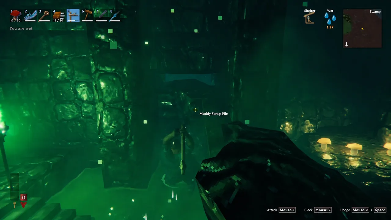 Crosshair highlighting a Muddy Scrap Pile inside a Sunken Crypt in Valheim