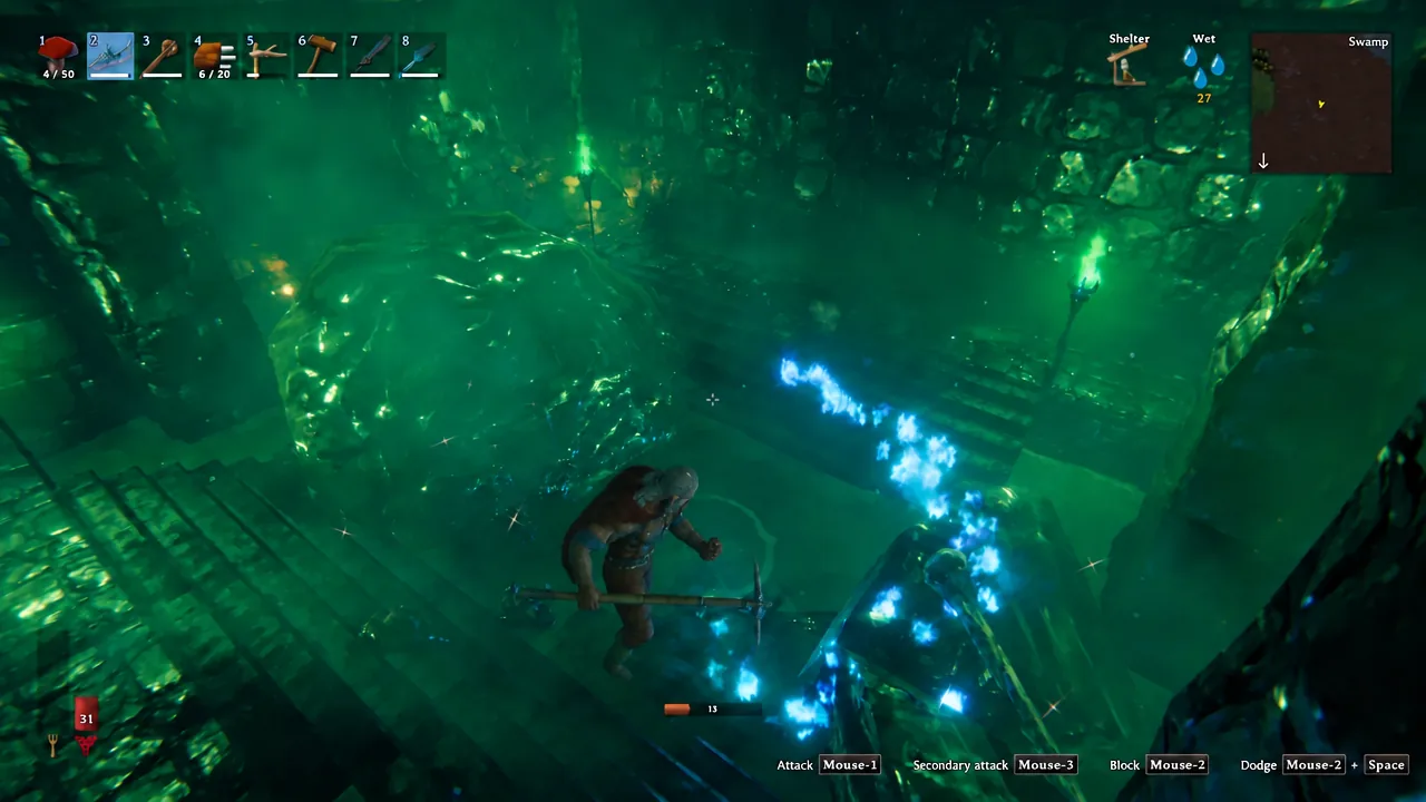 Valheim gameplay in the Swamp biome during a Sunken Crypt run