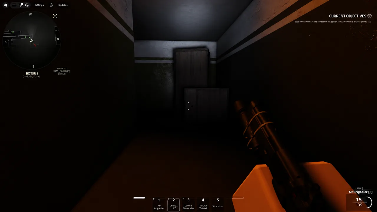 Player aiming an A9 Brigadier down a Sector 1 corridor with the objectives HUD visible