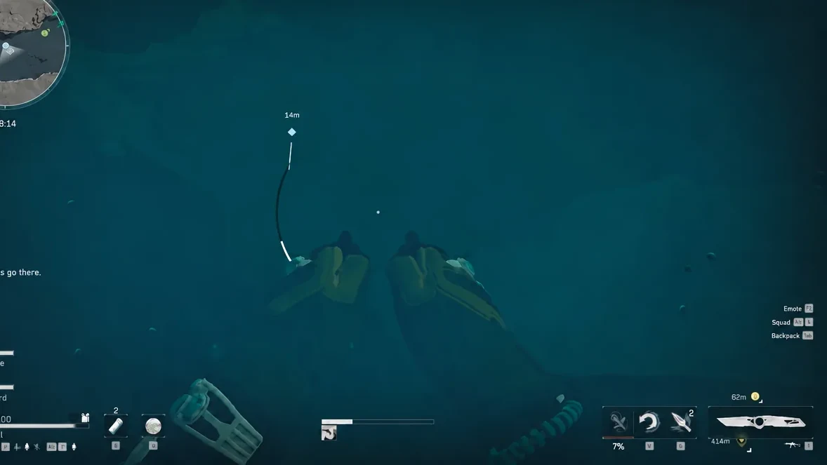 Underwater swim toward a highlighted objective marker showing 14 meters of remaining distance
