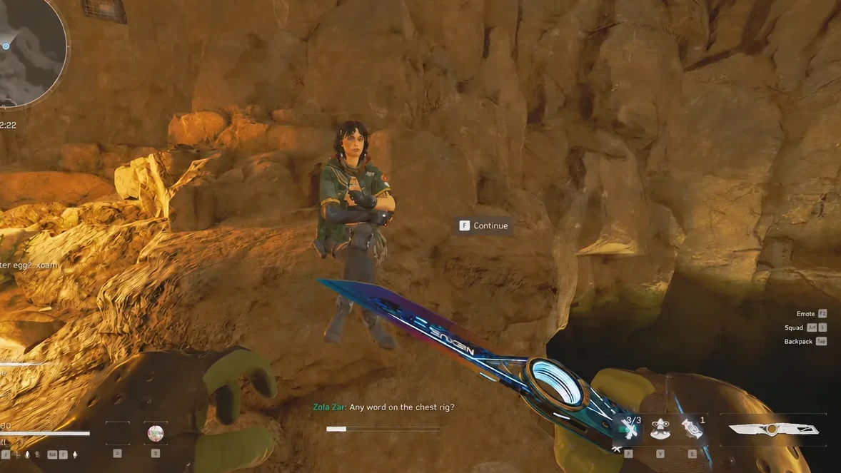 Dialogue with Zola Zar showing the highlighted F Continue prompt in the cavern