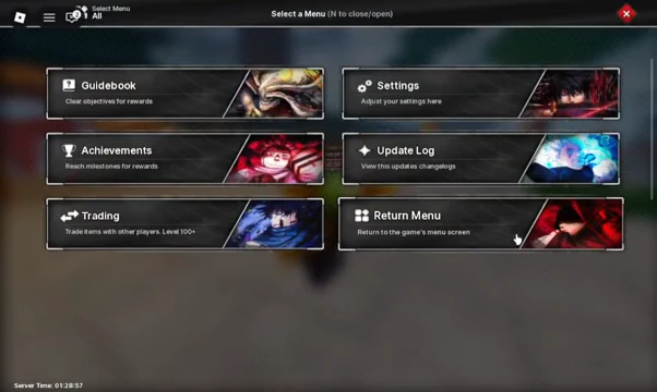 The select menu open in Jujutsu Zero with the Return Menu option highlighted by the cursor