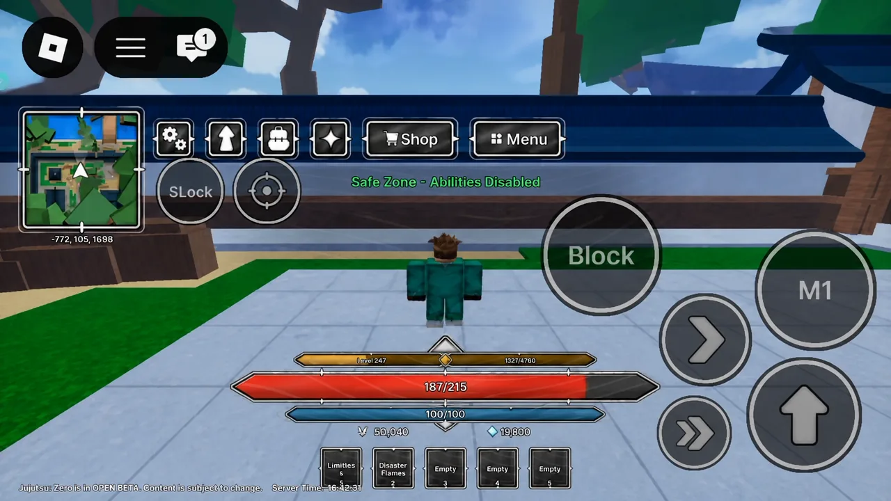 Jujutsu Zero safe zone with the Abilities Disabled notice and the Block button on screen