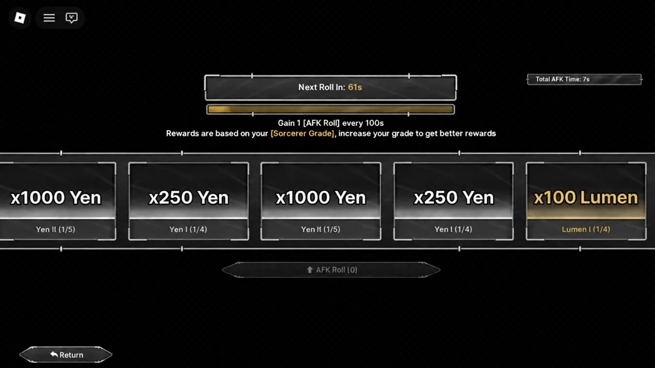 AFK Roll screen in Jujutsu Zero highlighting a x100 Lumen payout as the next roll counts down