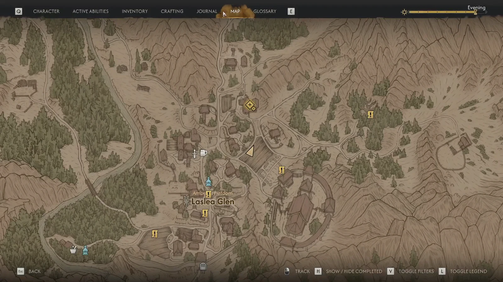 Map screen centred on Laslea Glen in Ambric Fiefdom with quest markers and location icons visible