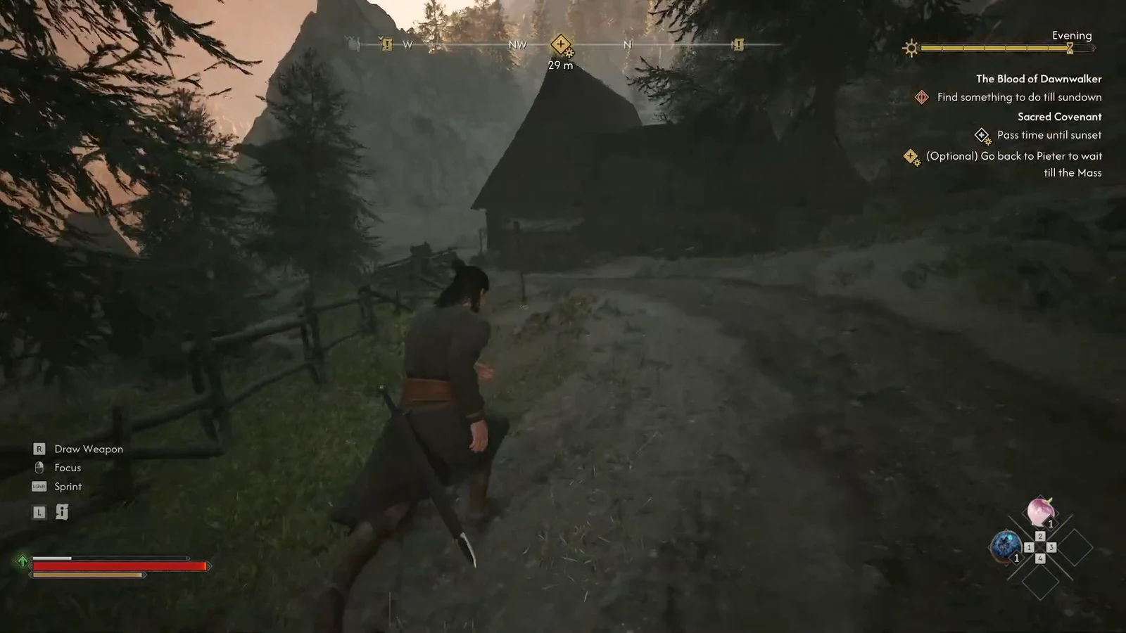 Sacred Covenant quest tracker showing the pass time until sunset objective while travelling through the village