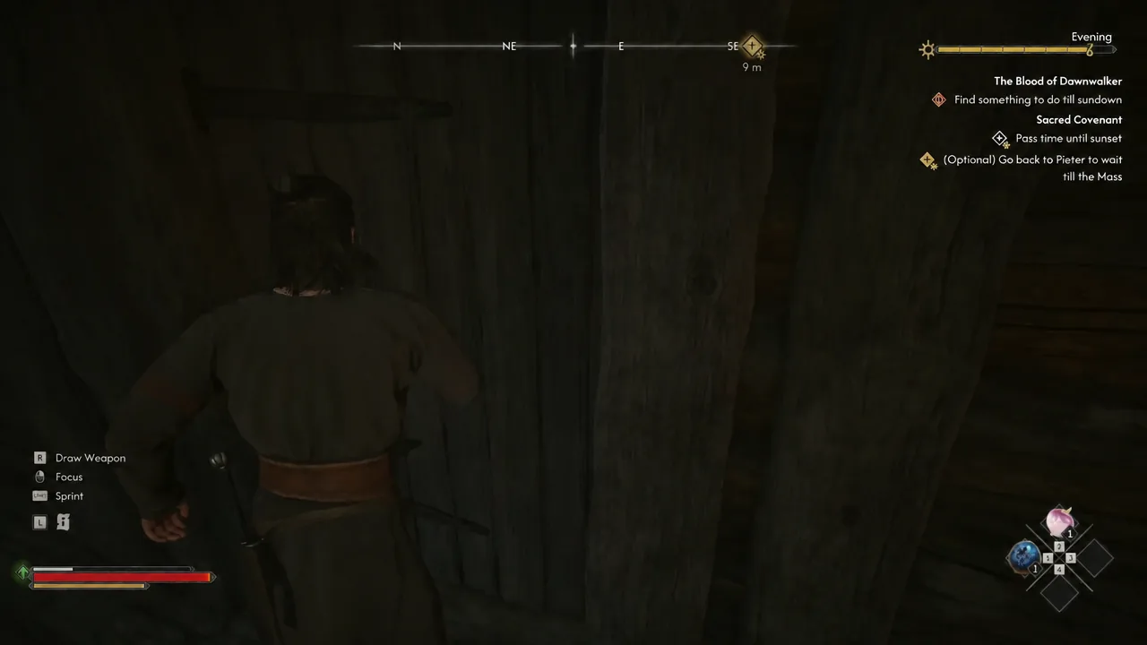 Coen walking through a dark interior passage with the optional Pieter objective still on screen