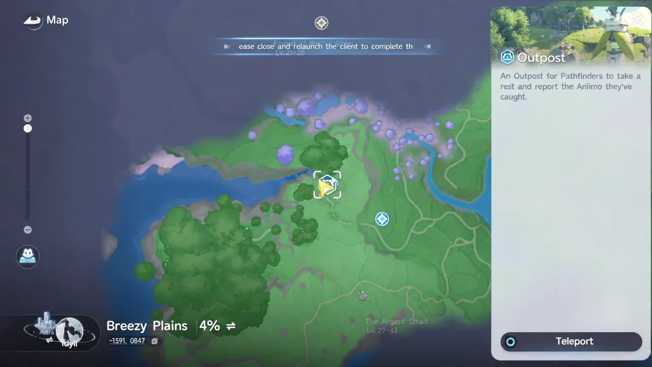Map screen in Aniimo with the Outpost panel open and the Teleport button highlighted
