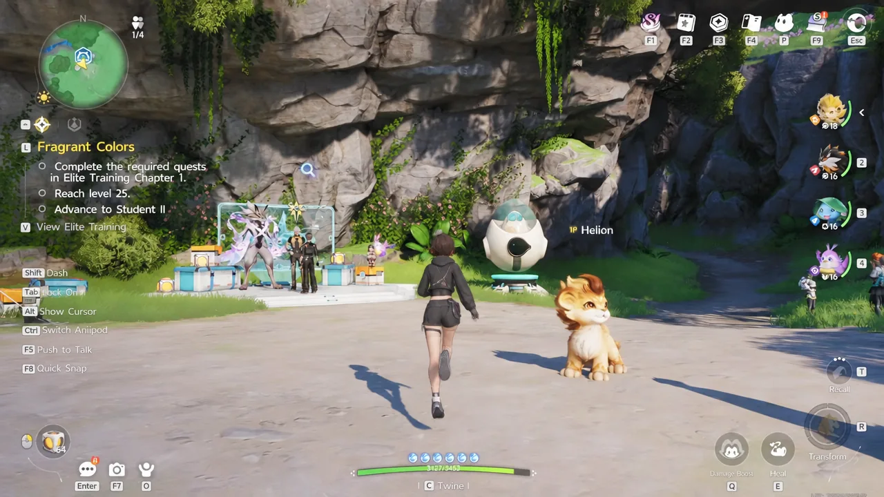 Aniimo gameplay screen showing the Fragrant Colors quest tracker and the View Elite Training prompt