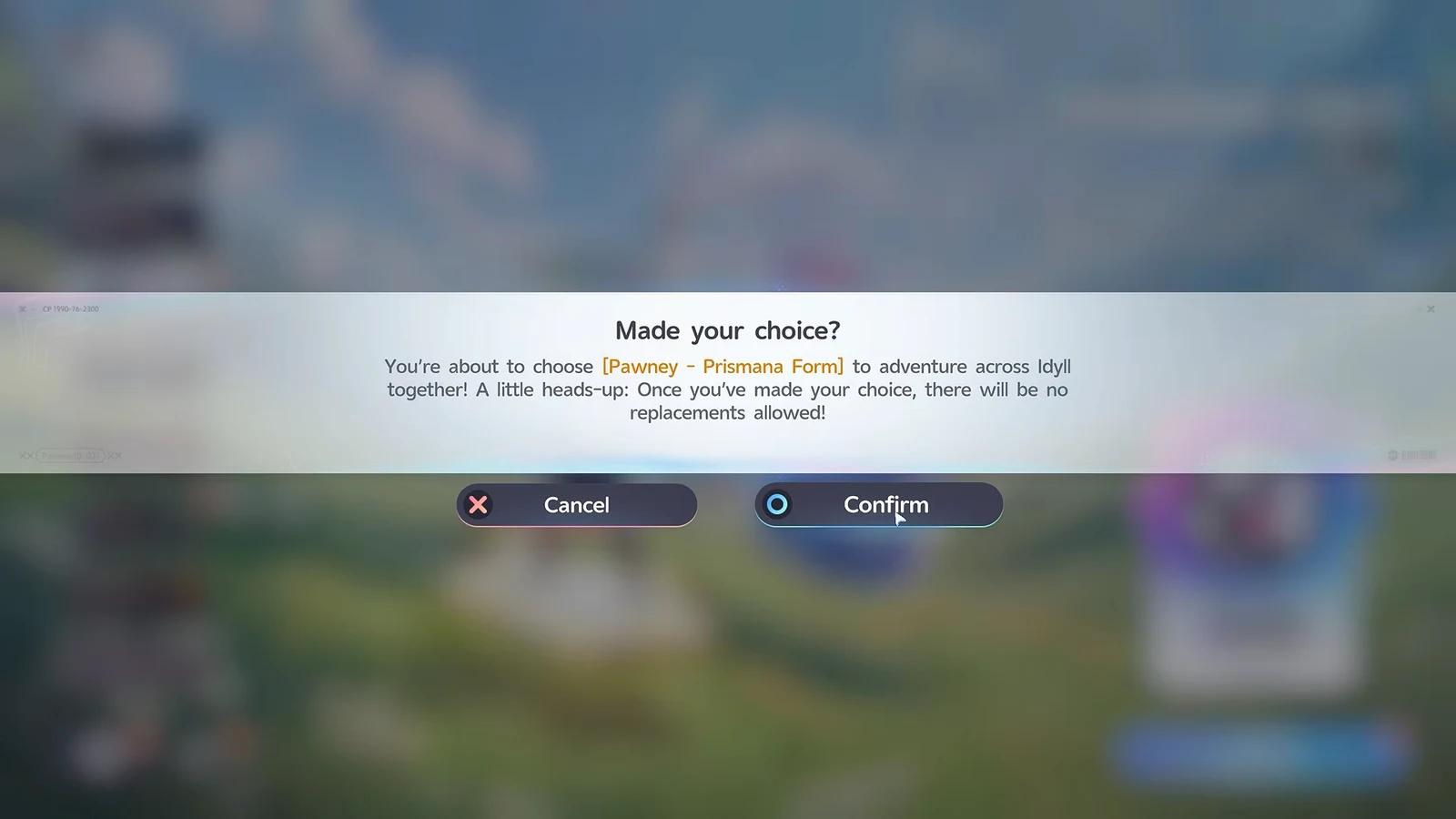 Confirmation dialog asking to finalize the Pawney Prismana Form selection