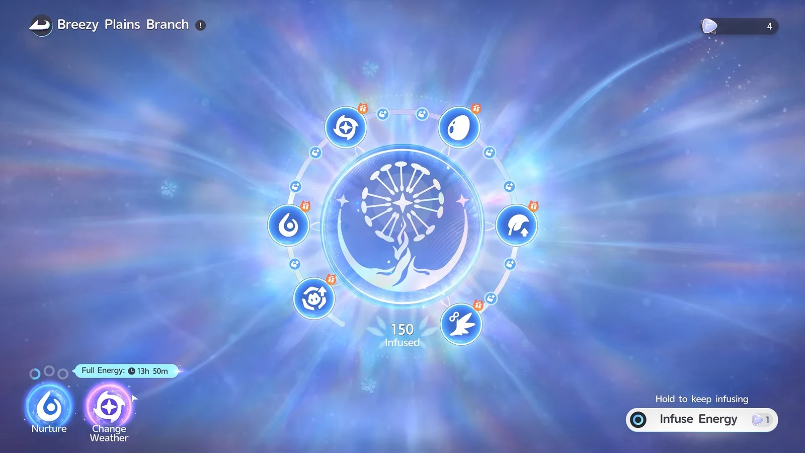 Breezy Plains Branch infusion screen showing 150 energy infused