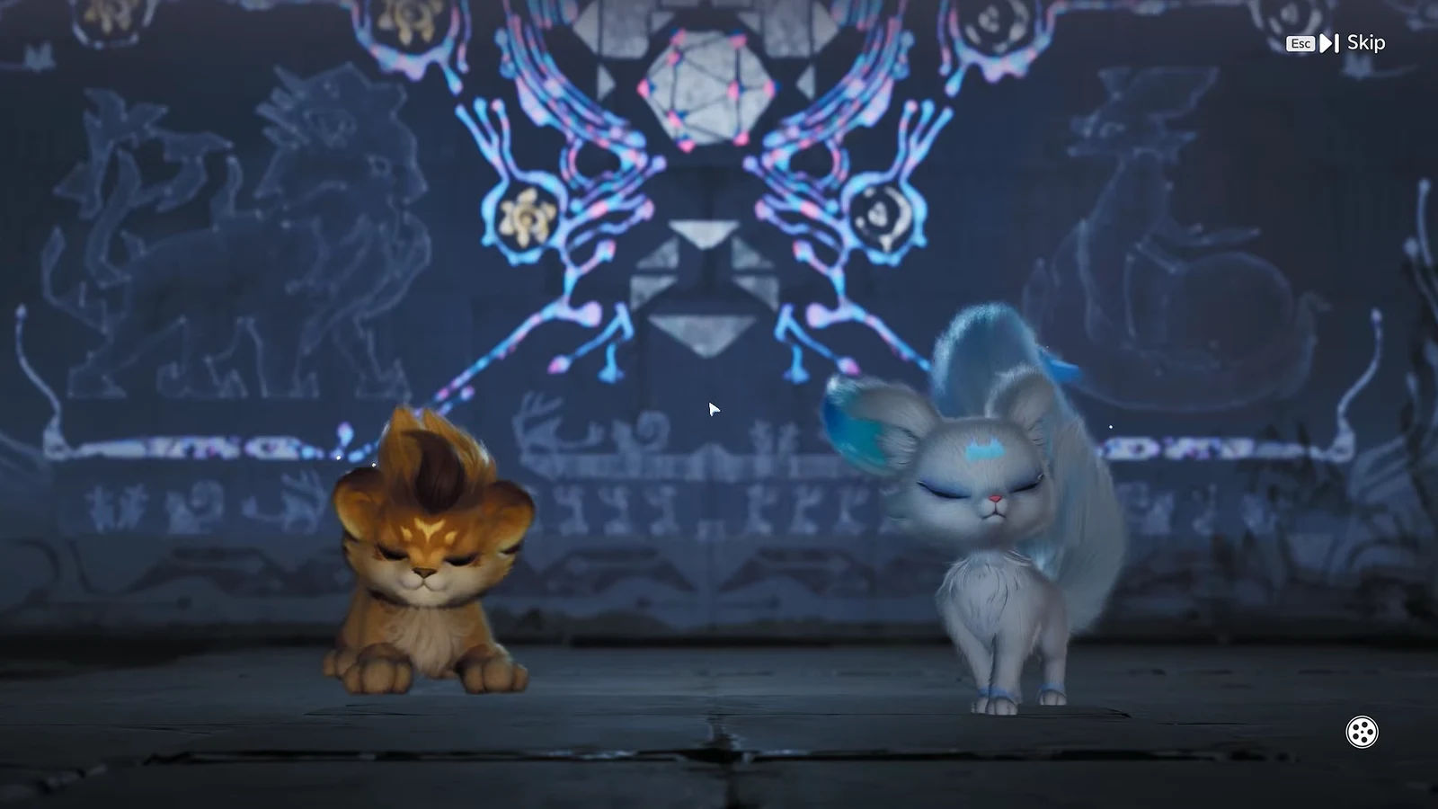 Aniimo opening cinematic showing the two starter creatures, with an Esc skip prompt in the corner