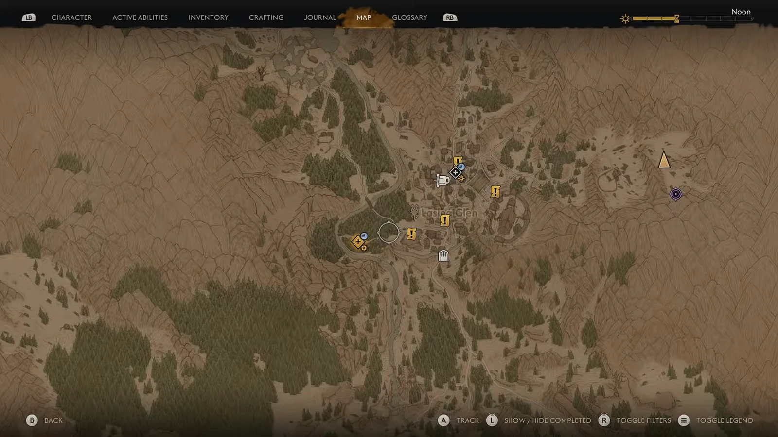 Map screen open on the Laslea Glen area with quest markers and travel controls