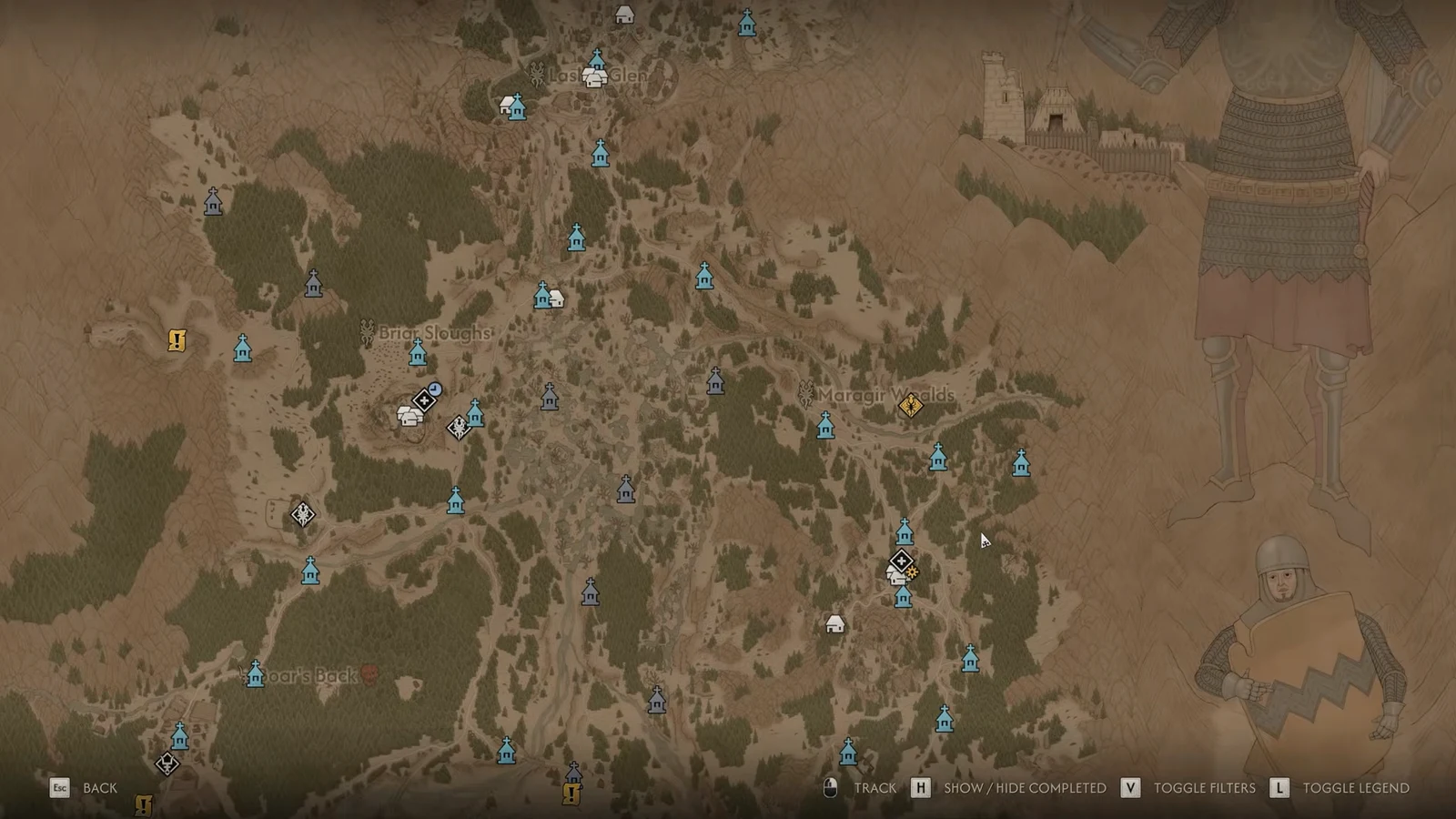 World map showing discovered waypoints, quest markers and region names in Vale Sangora