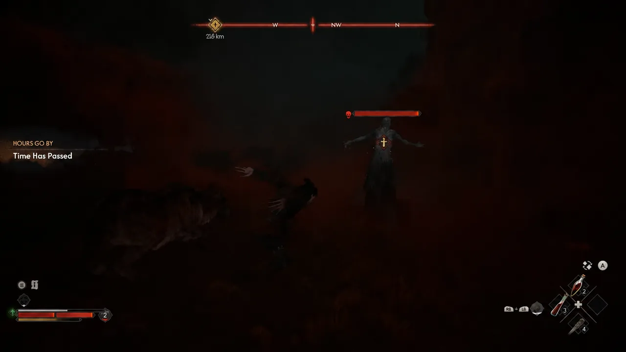 Combat HUD with an enemy's red health bar visible during the chasm escape