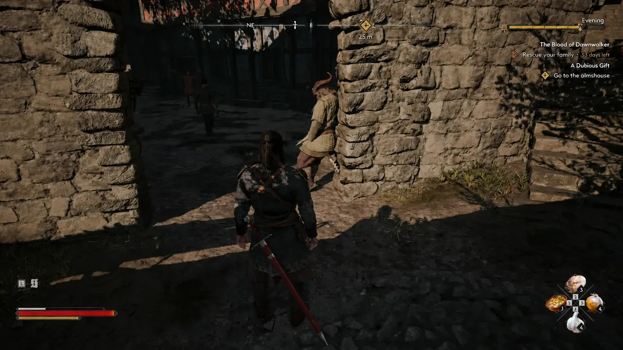 Coen approaching the almshouse doorway with the A Dubious Gift objective on the HUD