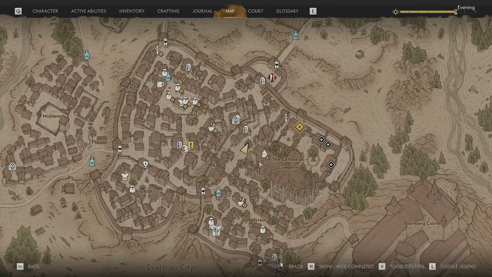 Svartrau City map with the yellow A Dubious Gift objective marker beside the Cathedral complex