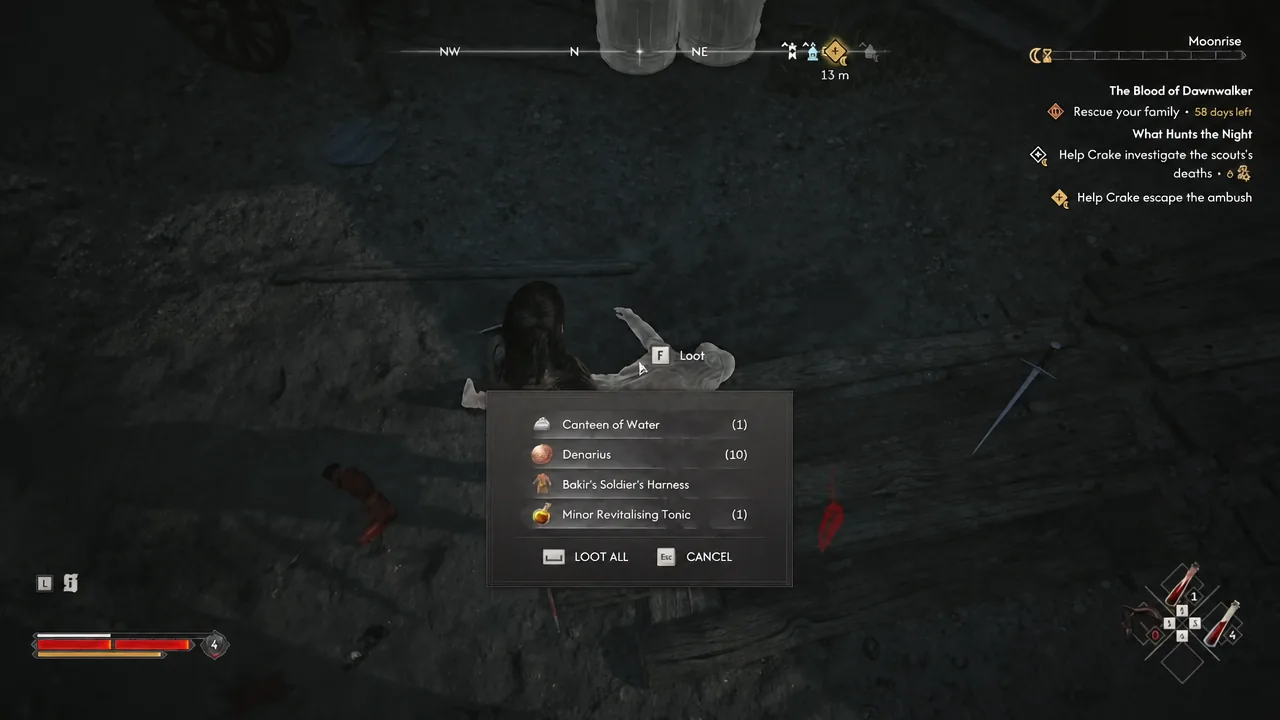Loot window open on a corpse with the Loot All button highlighted