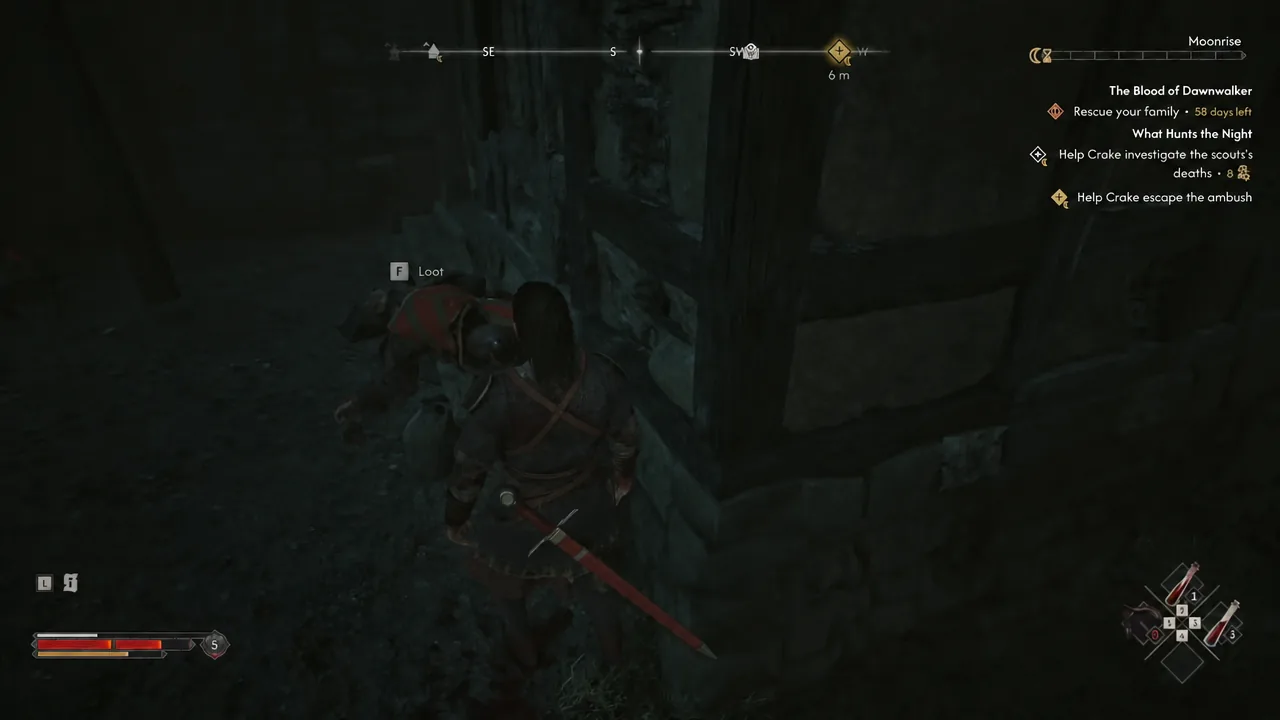 The F Loot prompt appears over a dead guard after the first ambush wave