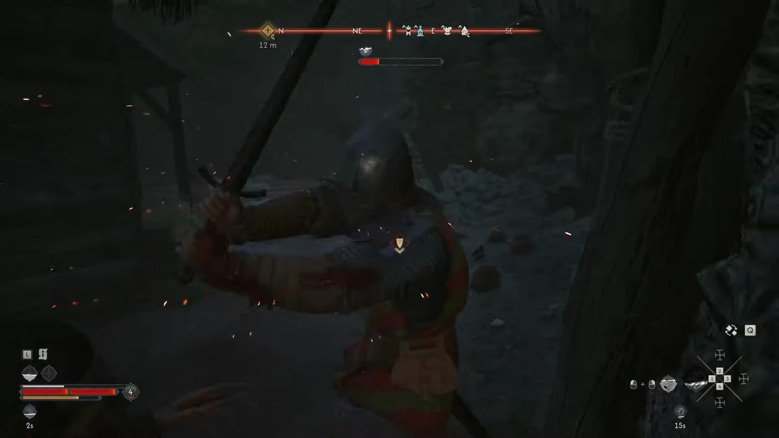 Sword swing connecting with a hooded attacker whose red health bar is almost empty