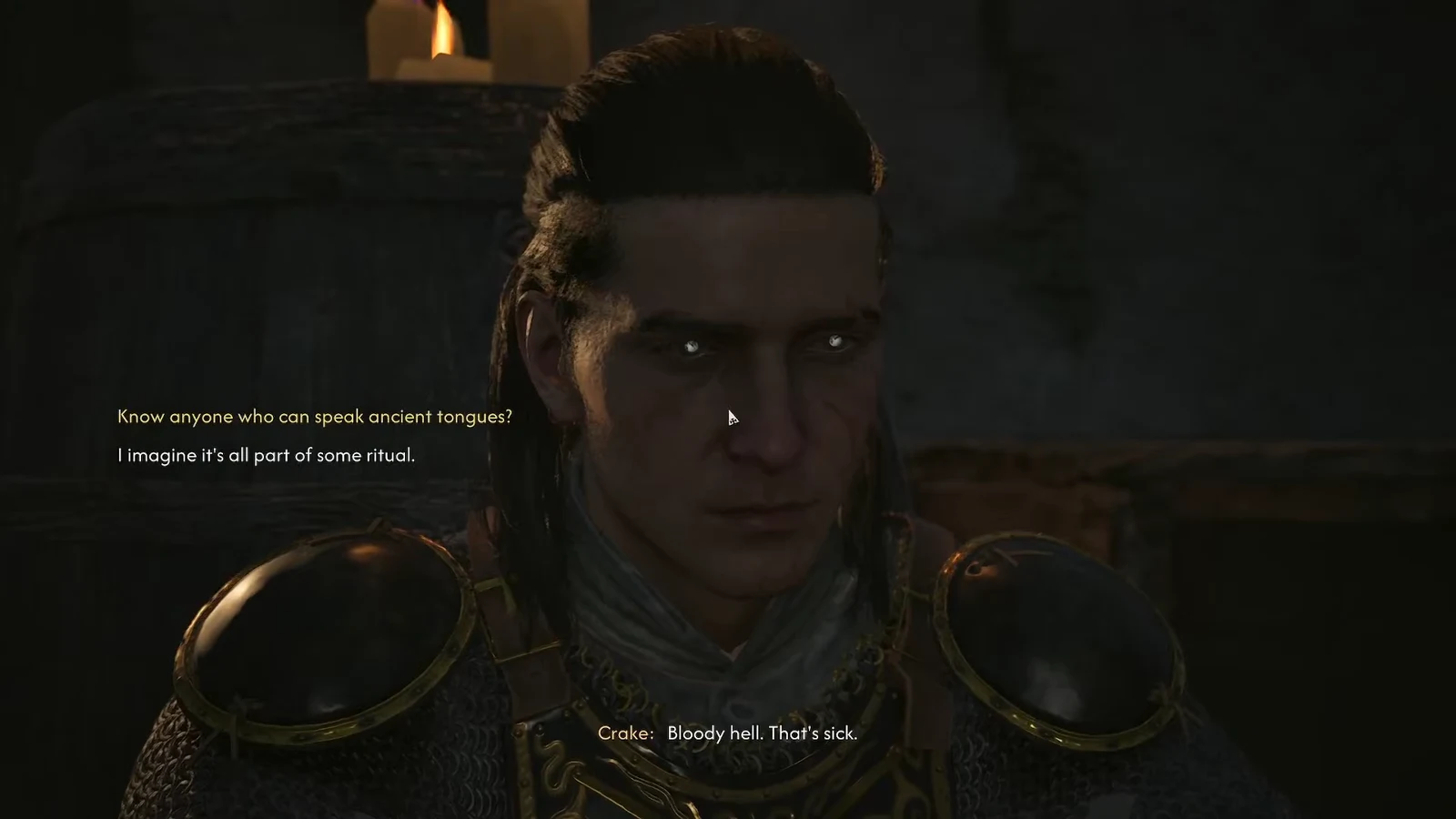 Dialogue wheel with the ancient tongues question highlighted while Crake replies