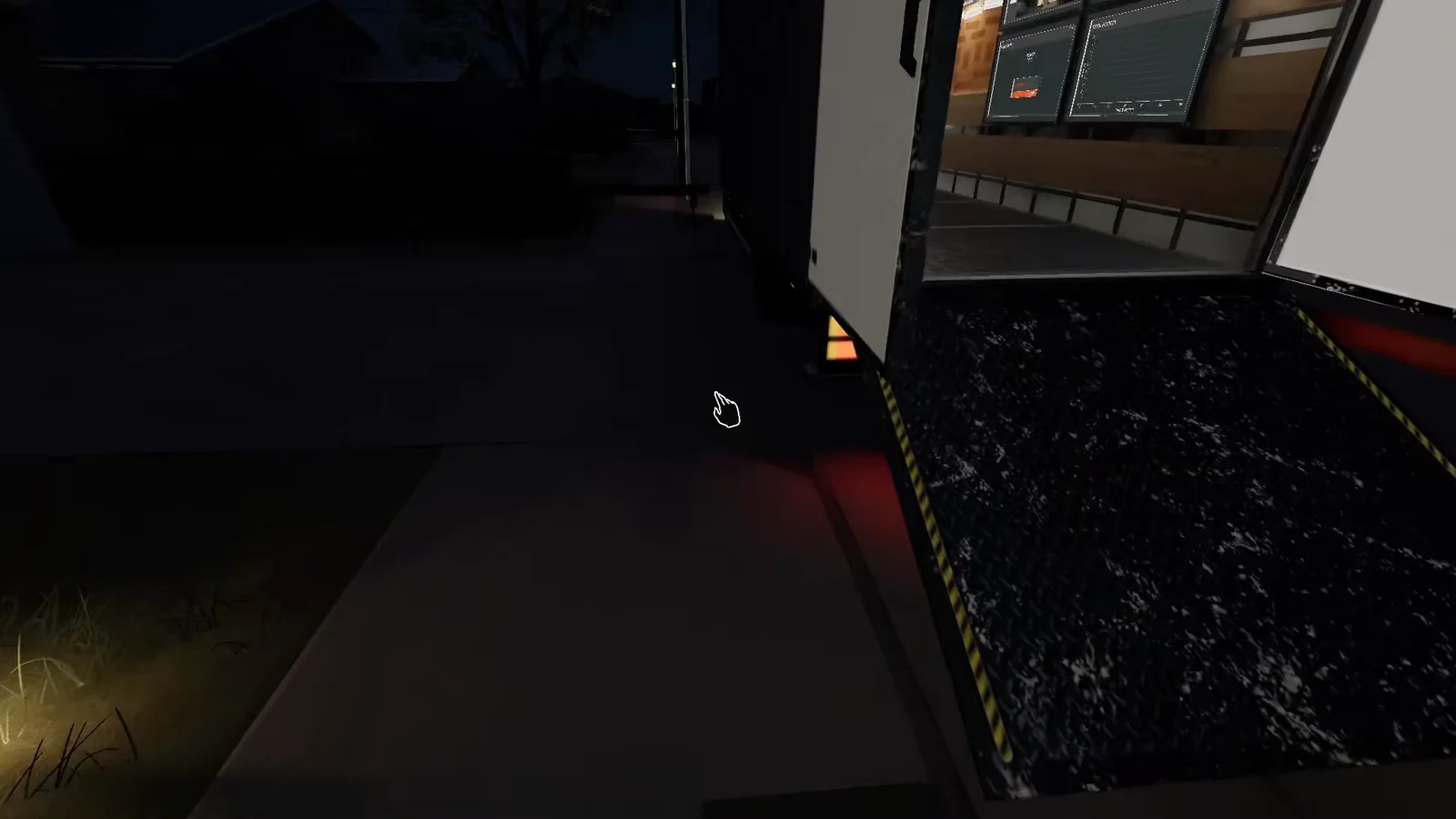 Interaction cursor next to the open side door of the van as the player leaves