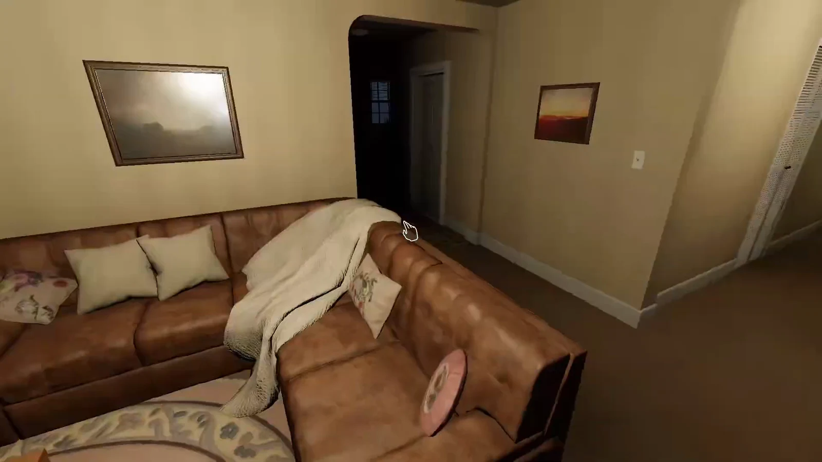 Living room sofa in a Phasmophobia house with an interaction cursor hovering over its corner