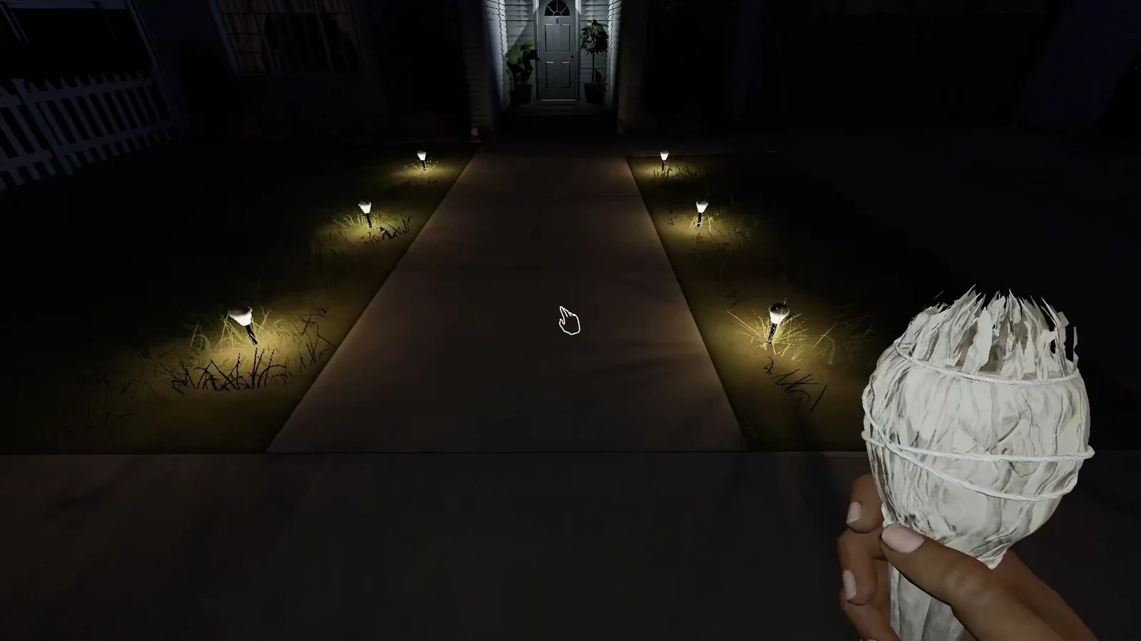 Player carrying gear along a lit path toward the front door of the contract house