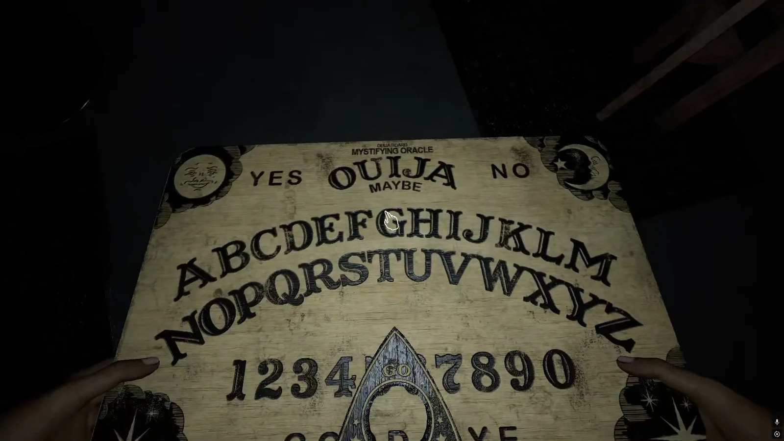 The Mystifying Oracle Ouija board mid-answer with the cursor over the letter G