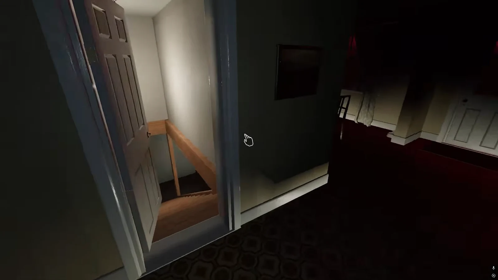 First-person view in Phasmophobia with the hand cursor on an open door at the foot of a stairwell