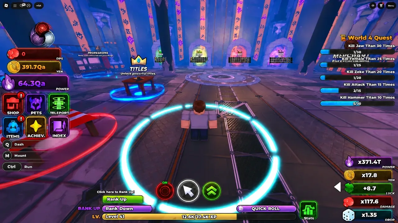 Player approaching the highlighted TITLES station inside Lobby Arena