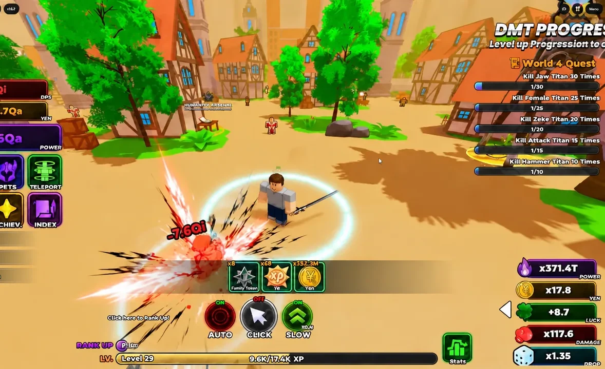 Player attacking an enemy with the purple Rank Up button marked on the gameplay HUD