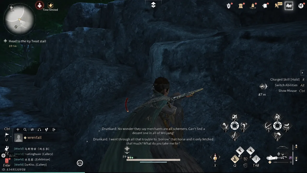 Gameplay waypoint objective near a stall as the player character aims a weapon toward the marker