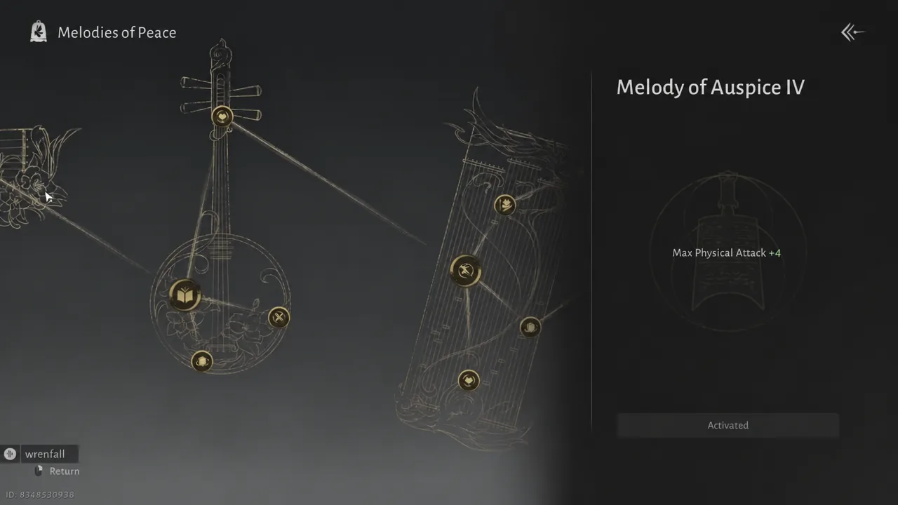 Melodies of Peace tree with a node selected and its stat effect shown on the right