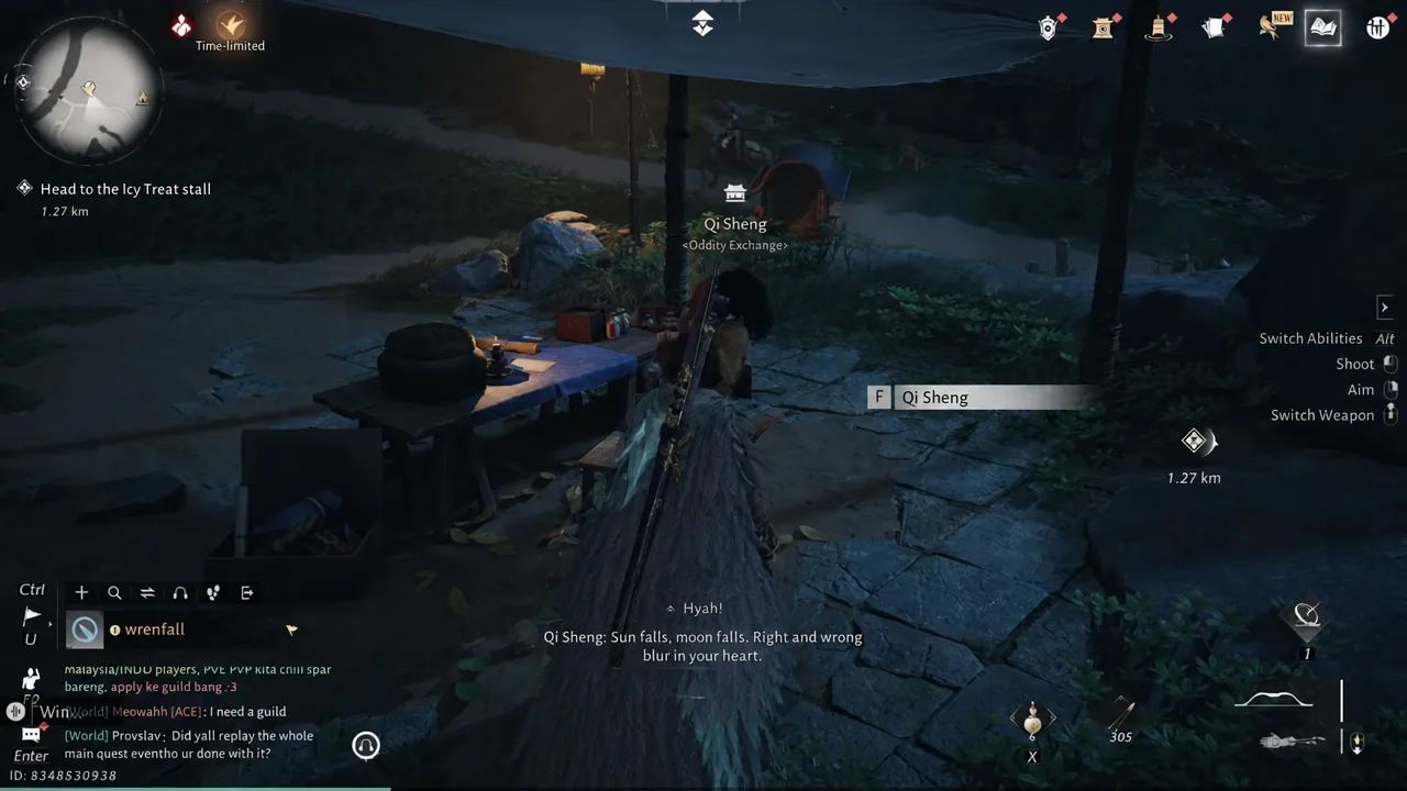 Player approaching Qi Sheng in Qinghe with the F interaction prompt highlighted