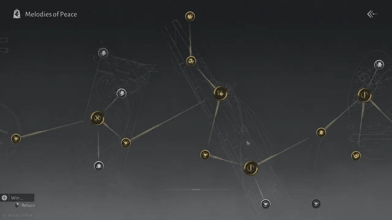 Connected node map on the Melodies of Peace screen with the central crown-icon node highlighted