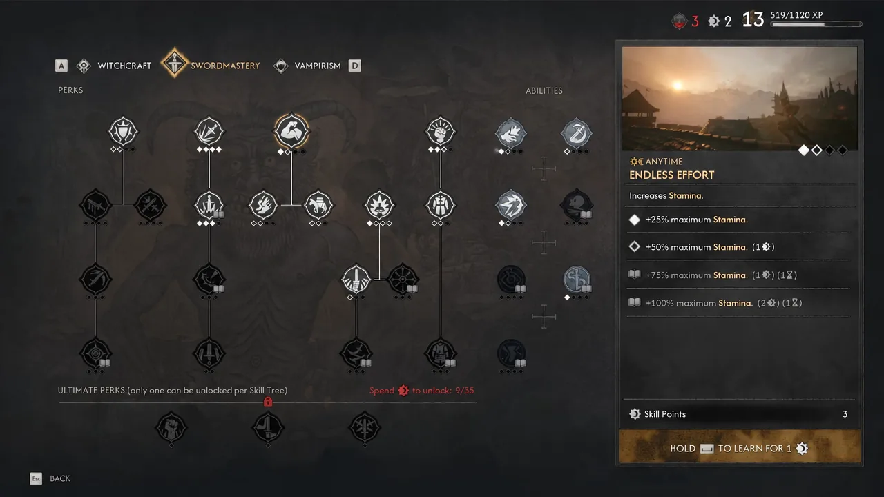 Swordmastery perk grid at a shrine with a node selected and the learn button held down.